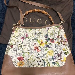 Gucci White Bamboo Flora Diana Canvas Satchel Multiple colors